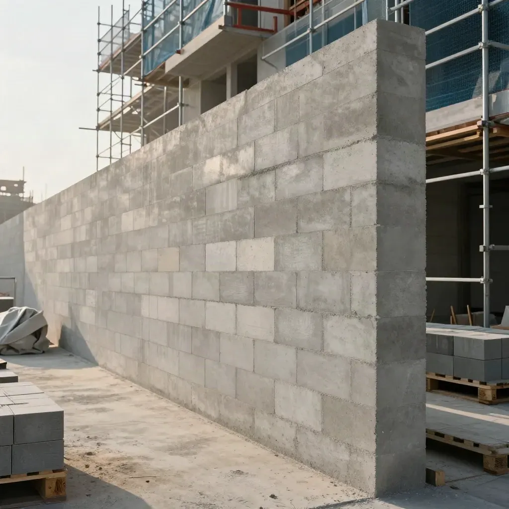 Diagonal structural block wall inside a shell build with scaffold voids and bundled materials.
