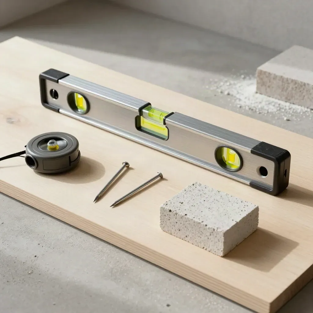 Site level, string reel, line pins and a rough block corner on a pale wood surface