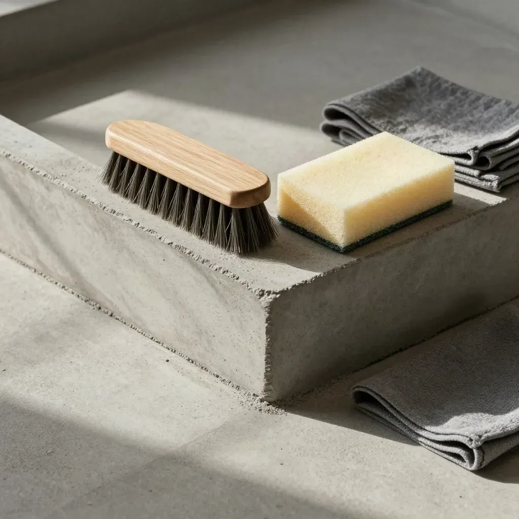 Block corner, brush and finishing sponge on a stone tray with a slate-grey cloth.