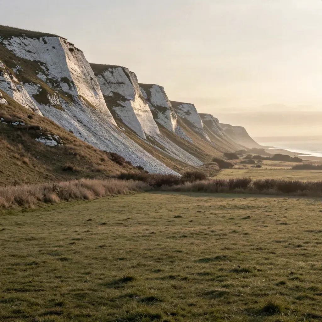 Sussex chalk escarpment above a hazy field with a faint sea shimmer